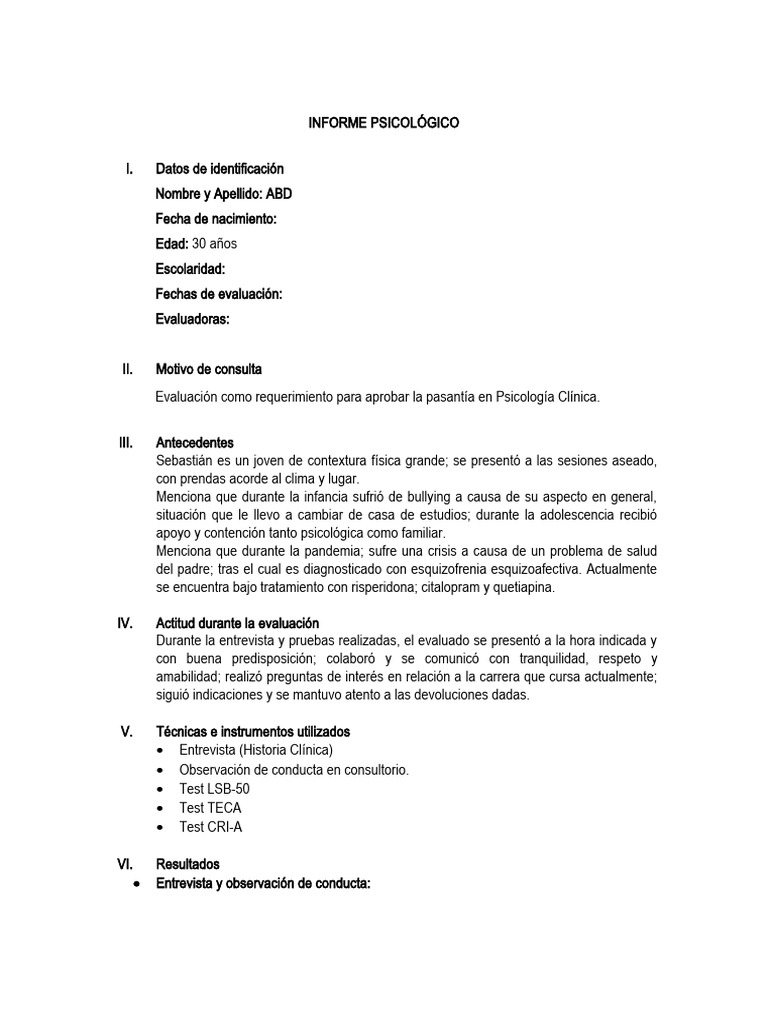 INFORME Psicologico - Adulto Con Depresión | PDF | Las emociones | Empatía