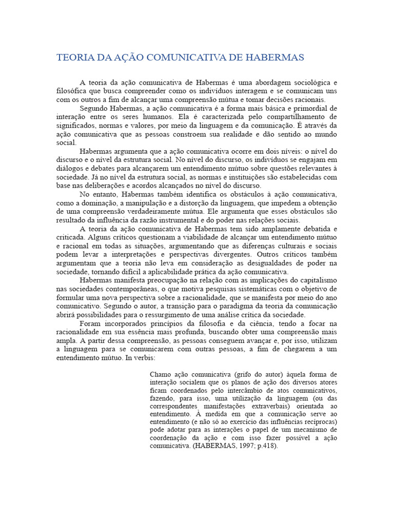 Teoria da Ação Comunicativa de Habermas | PDF | Jürgen Habermas ...