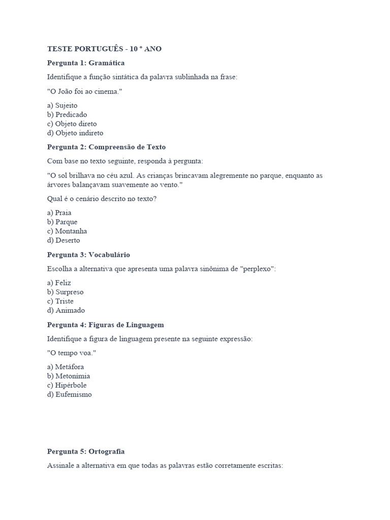 Teste de Português - 10º Ano | PDF | Artes Linguísticas e Disciplina