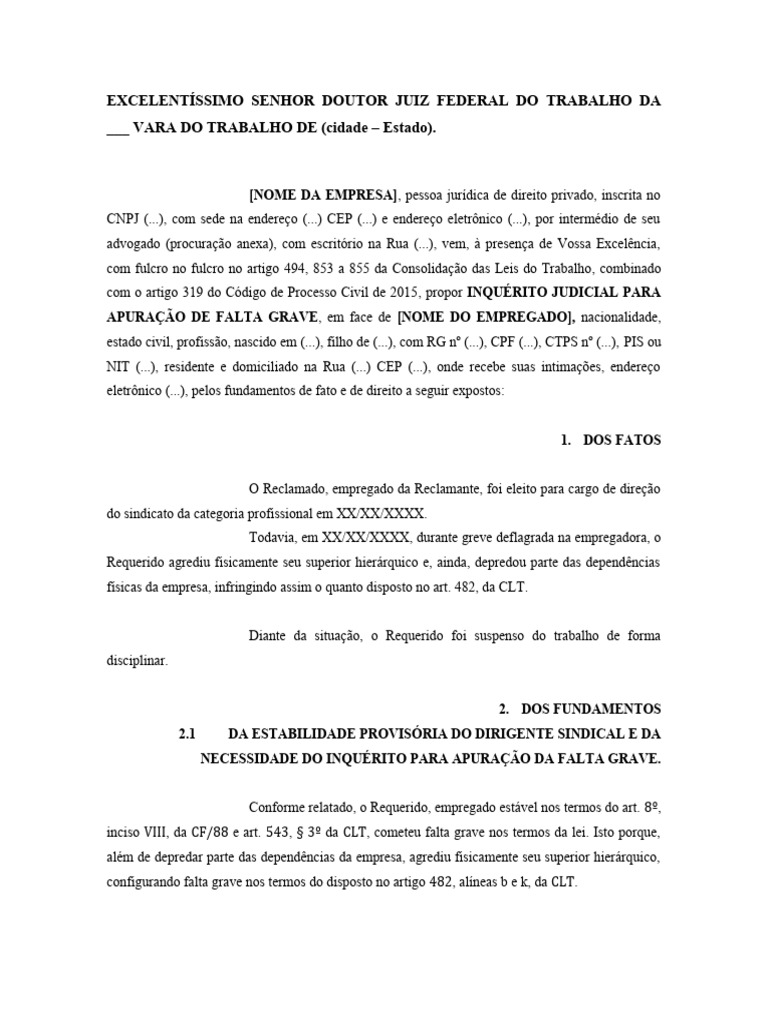 Modelo Inquerito Judicial para Apuracao de Falta Grave | Download ...