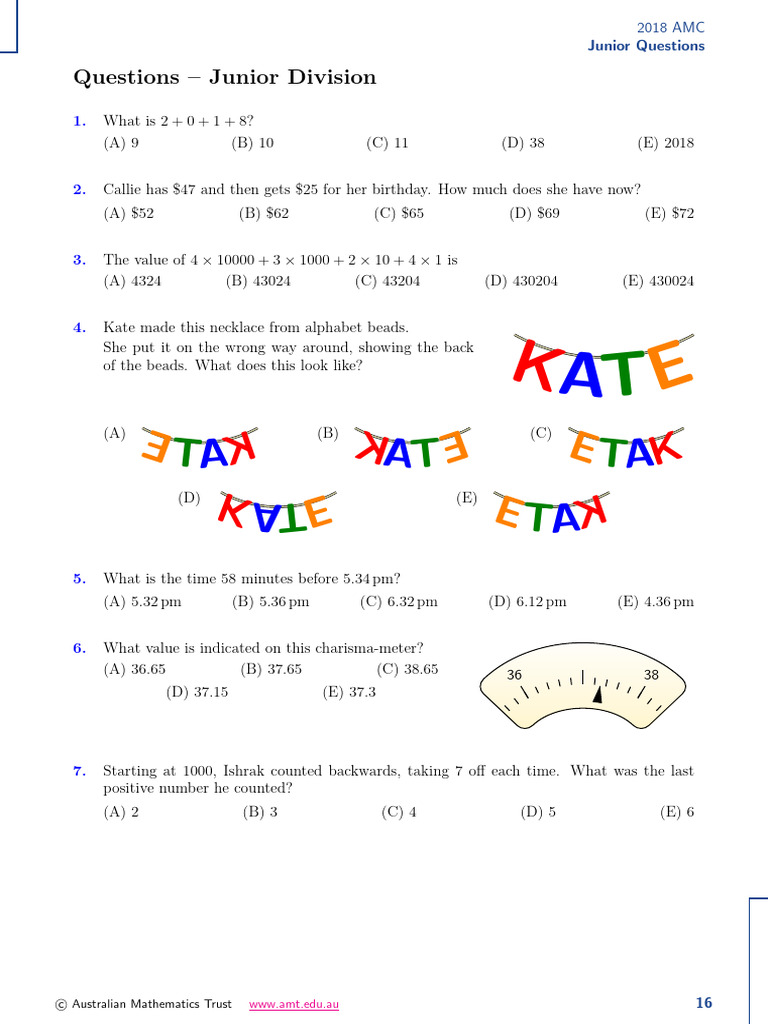 2018 AMC Junior Division Questions | PDF | Area | Rectangle