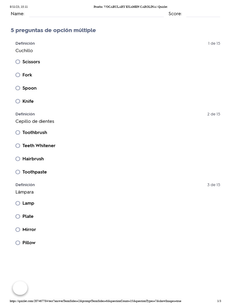 Prueba VOCABULARY EXAMEN CAROLINA Quizlet PDF Implementos nacionales Vajilla
