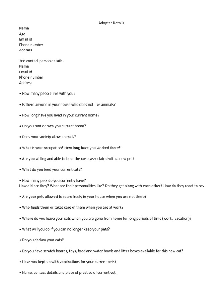 Pet Adoption Questionnaire PDF