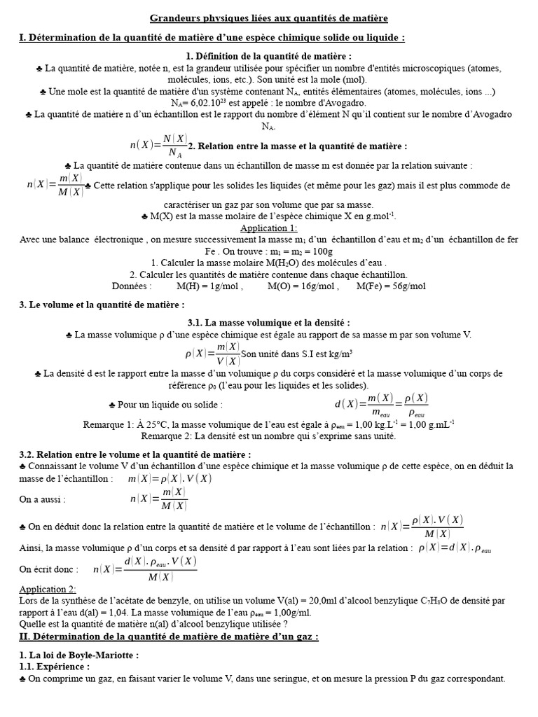 Grandeurs physiques et quantité de matière | PDF | Mole (unité) | Pression