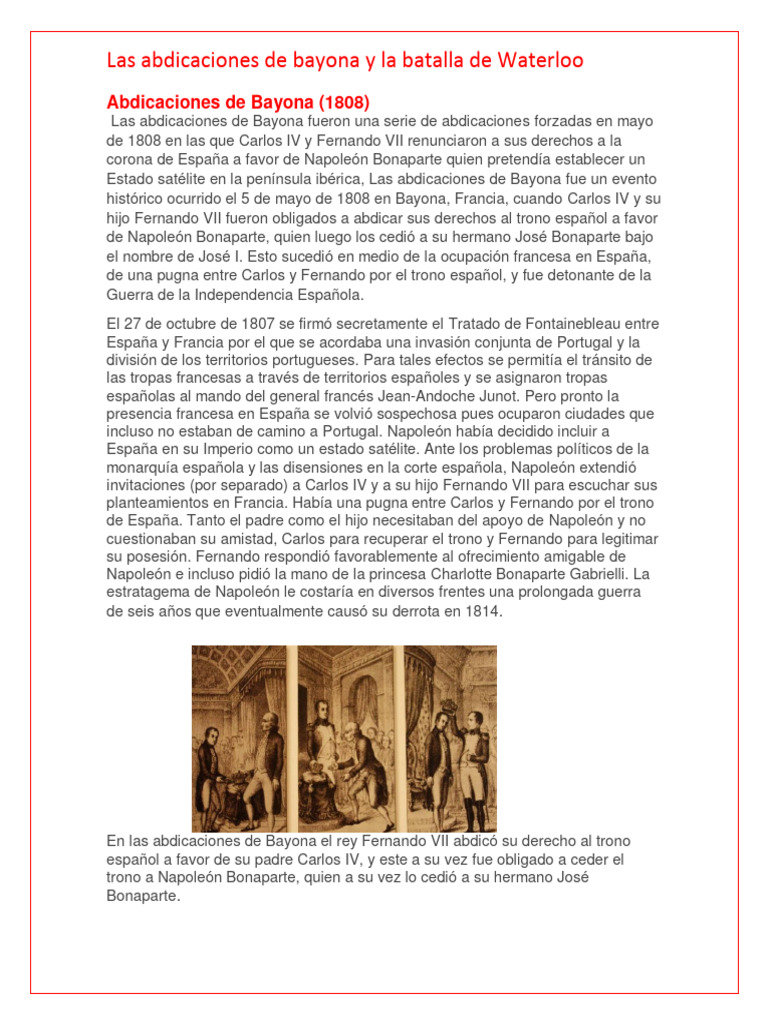 Abdicaciones de Bayona y La Batalla de Waterbu PDF Imperio español