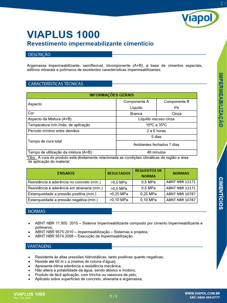 Impermeabilização Cimentícia Viaplus 1000 | PDF | Argamassa (alvenaria ...