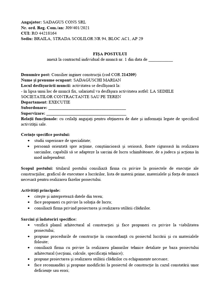 Fisa de Post - Consilier Inginer Constructii | PDF