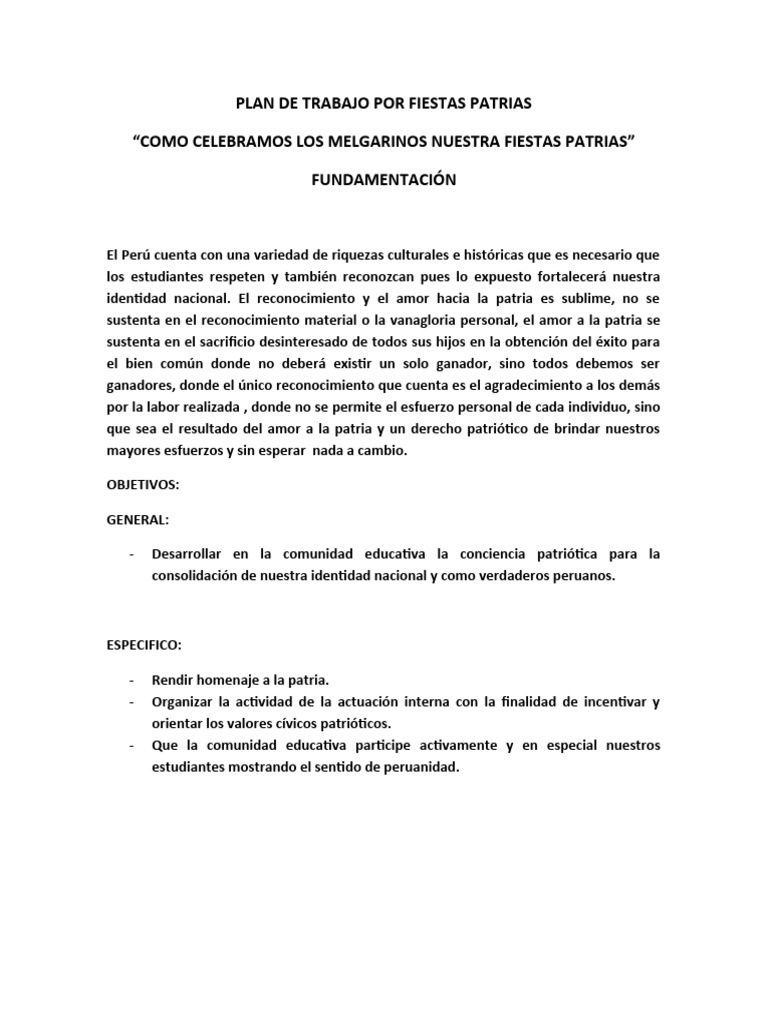 Plan De Trabajo Por Fiestas Patrias Pdf Perú