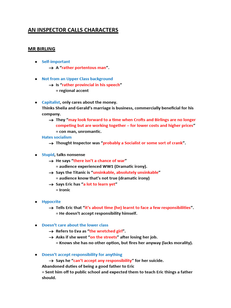 An Inspector Calls Character Analysis PDF