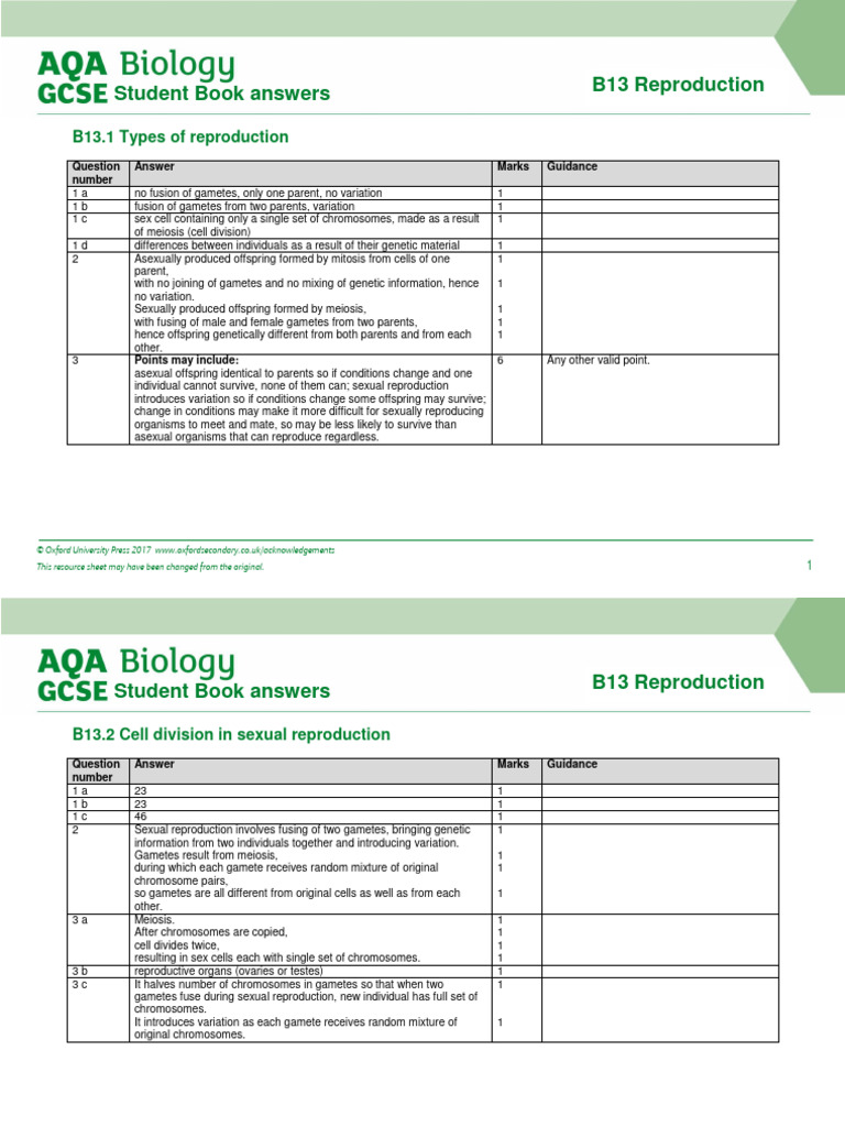 B13 Reproduction: Student Book Answers | PDF | Reproduction | Sexual ...