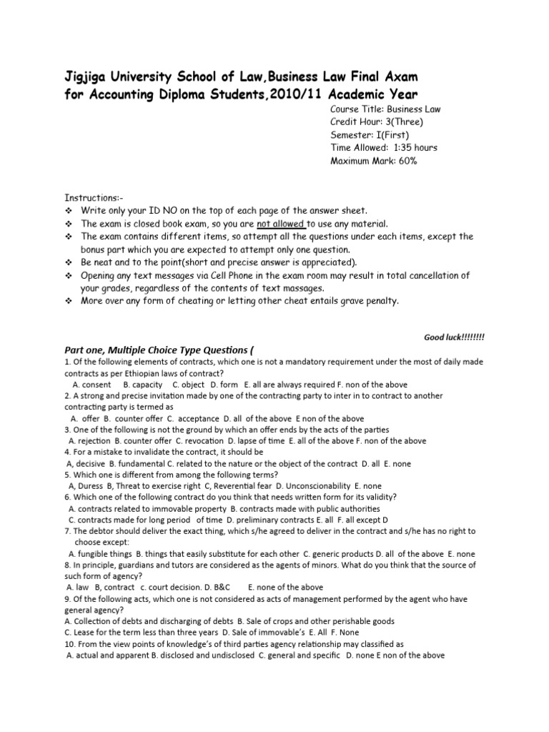 Business Law Exam | Download Free PDF | Law Of Agency | Private Law