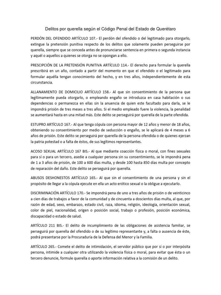 Delitos Por Querella Según El Código Penal Del Estado de Querétaro ...