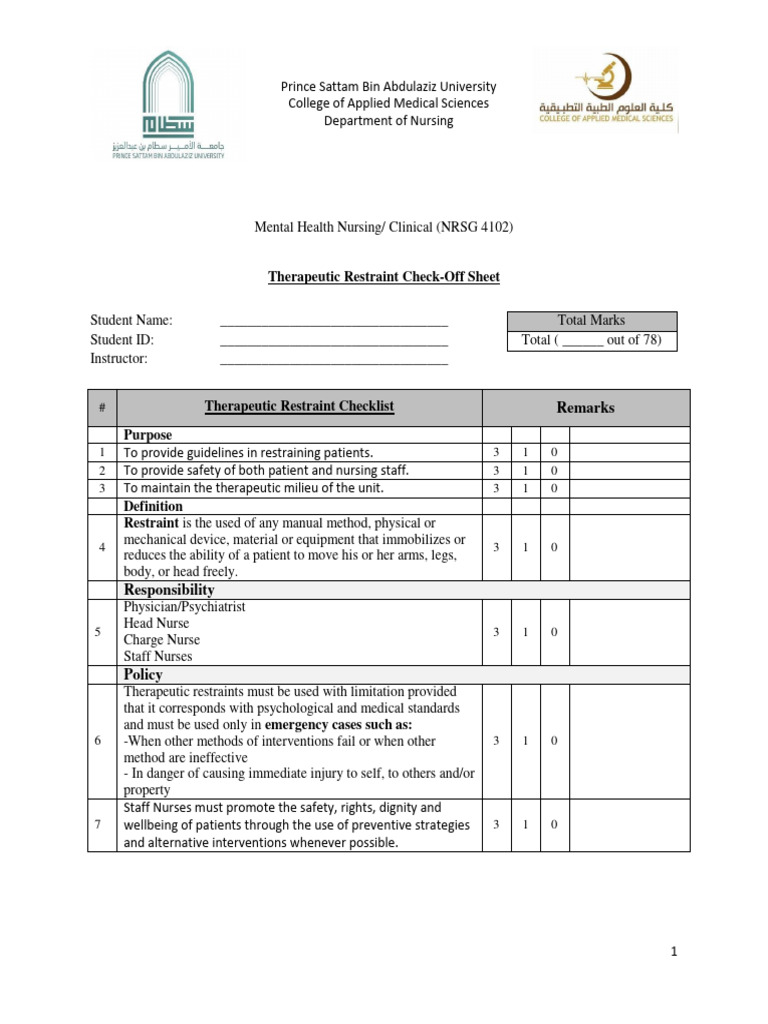 3Therapeutic Restraint Checklist PDF Psychiatry Nursing