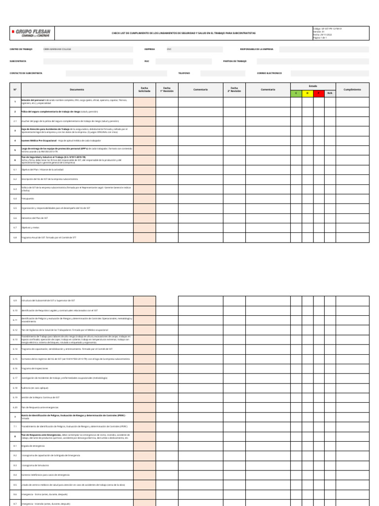 Check List Cumplimiento SST Subcontratista Ver.01 | PDF