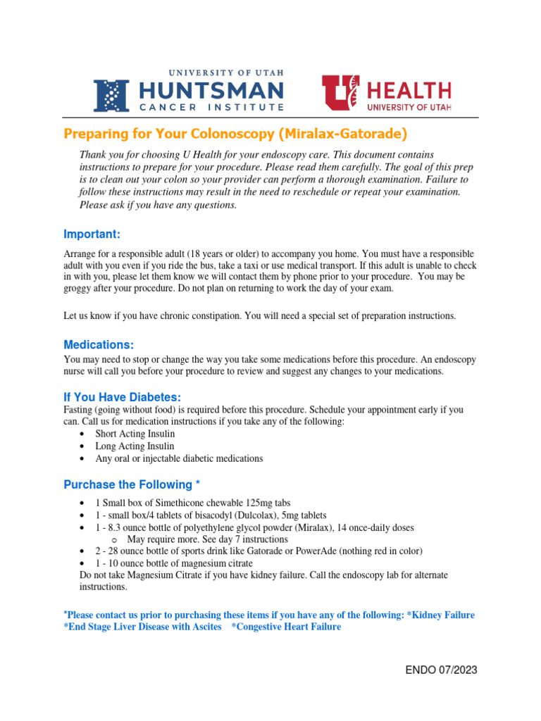 MiralaxGatorade Colonoscopy Prep UofU PDF Drink Colonoscopy