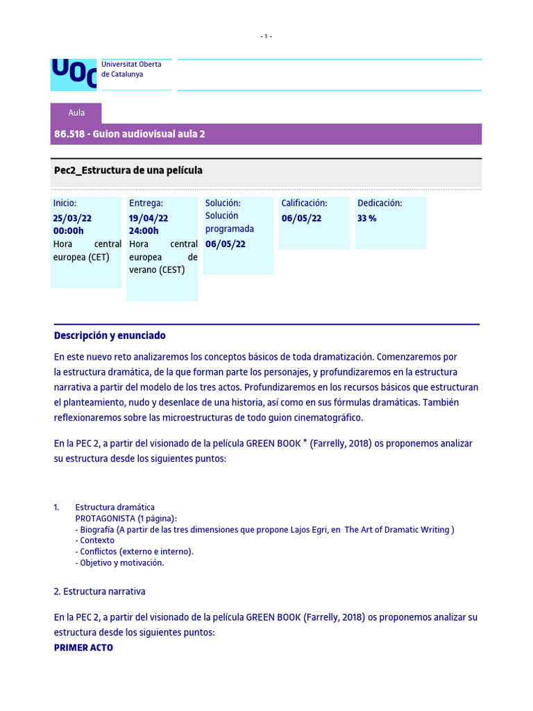 86.518 20212 1200763 Pec2 - estructuraDeUnaPelícula | PDF | Evaluación