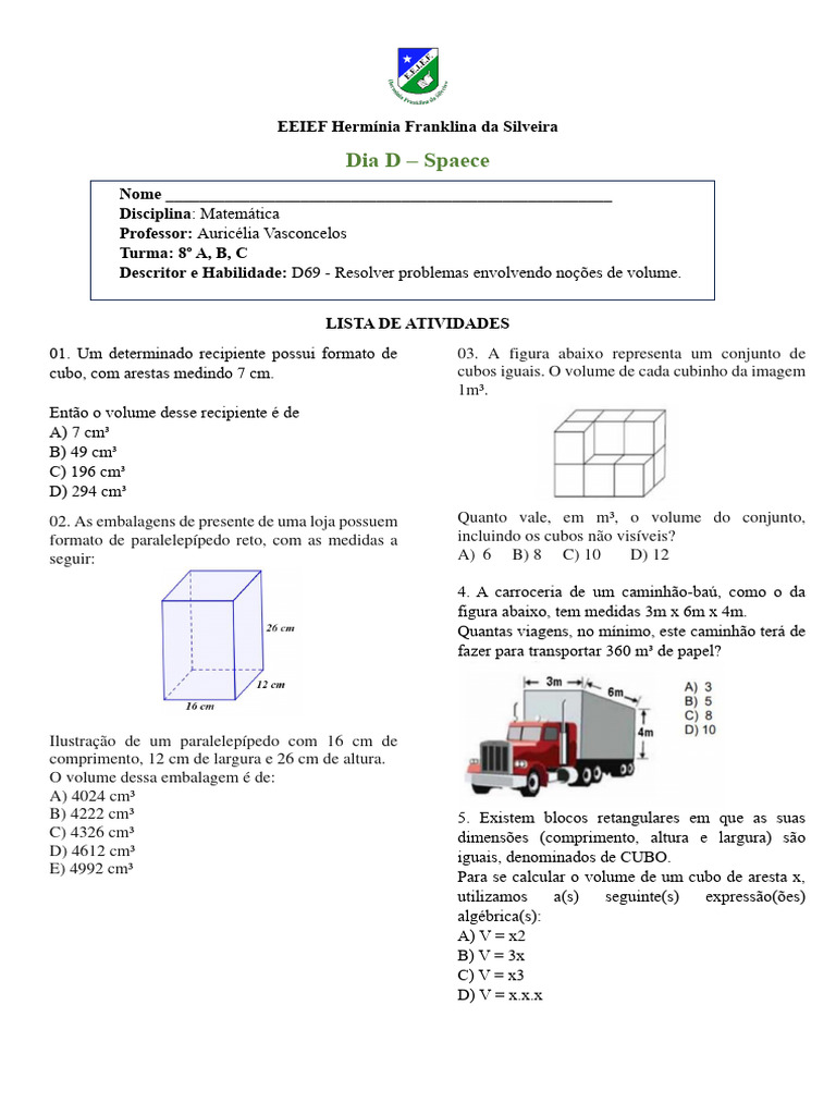 Exercícios de Volume para 8º Ano | PDF | Métodos e Materiais de Ensino