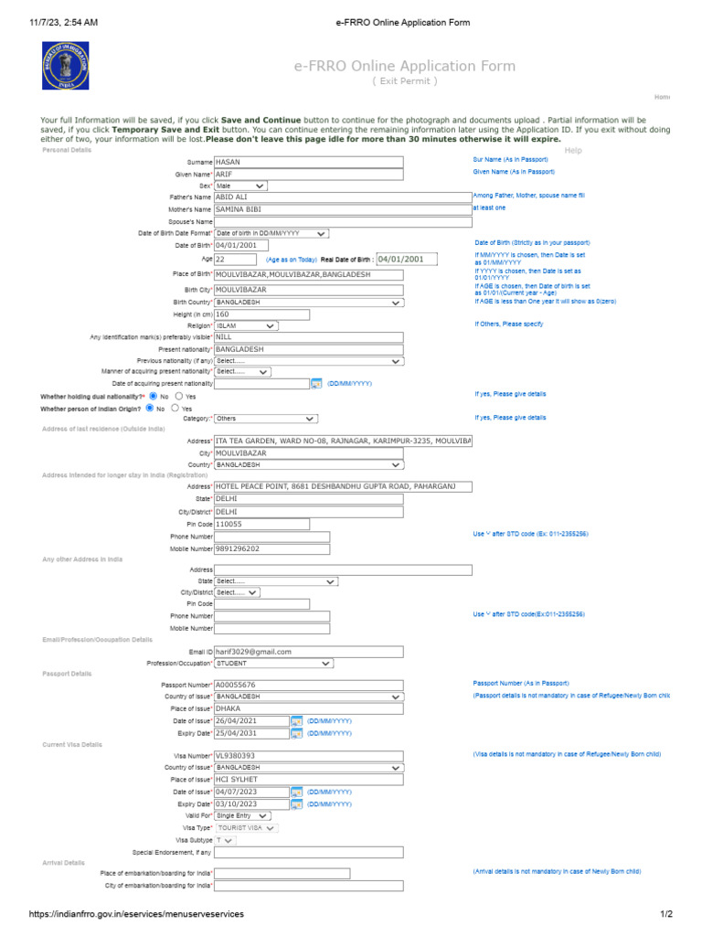 E frro online application form download free pdf travel visa passport