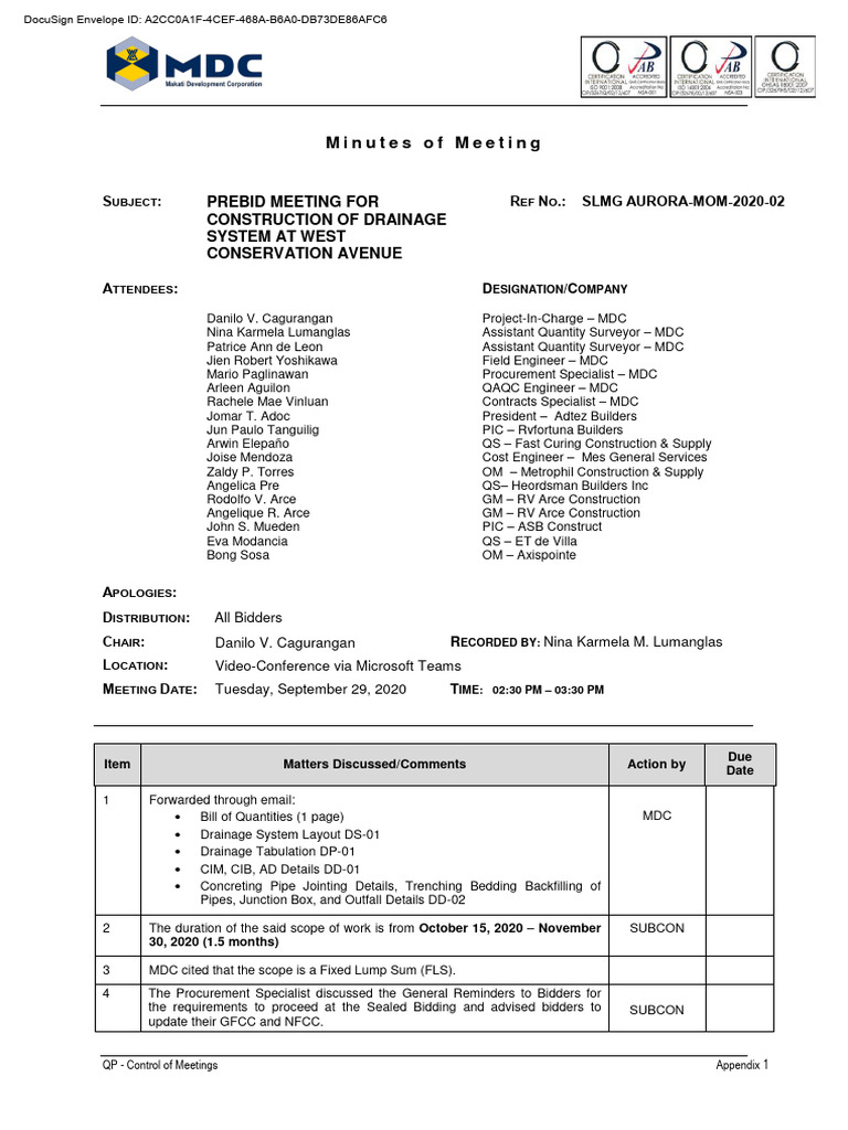 Slmg Aurora Pre Bid Minutes Of Meeting Construction Of Drainage
