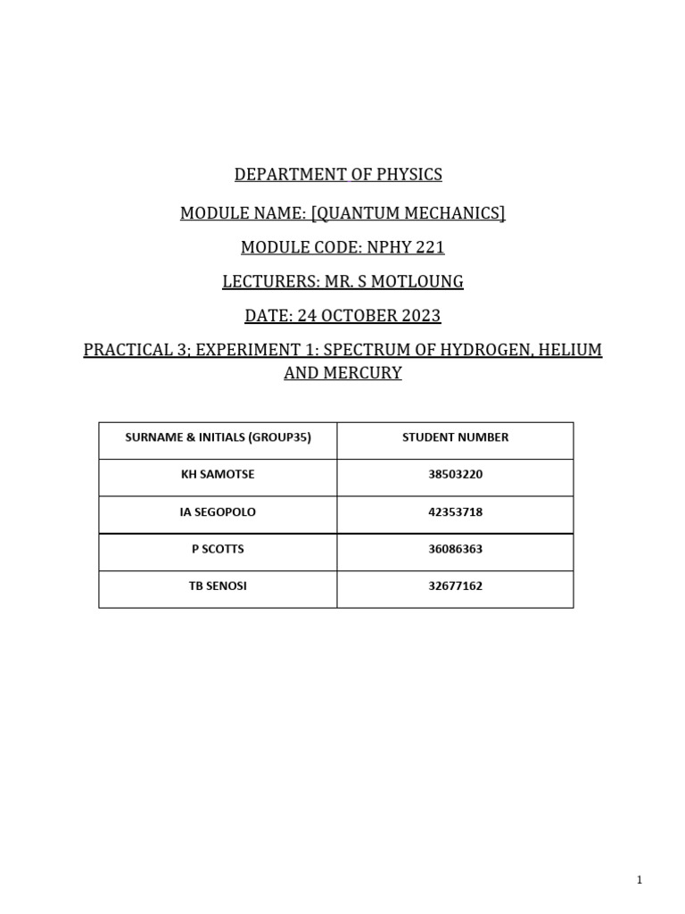 Group - (G) Experiment1 Spectrum of Hydrogen Helium and Mercury | PDF ...
