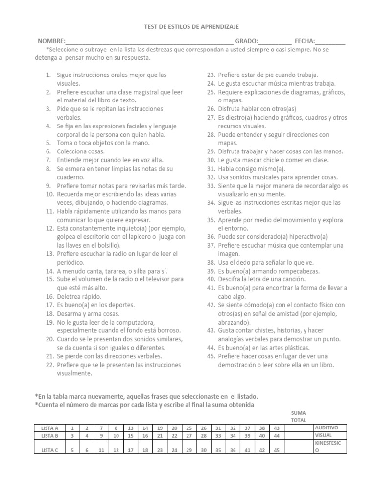 Test de Estilos de Aprendizaje | PDF | Aprendizaje