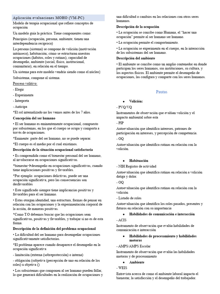 Evaluaciones MOHO en Terapia Ocupacional | PDF | Comportamiento ...