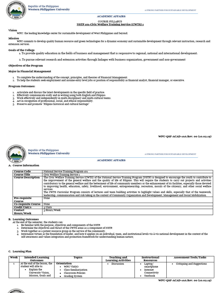 Nstp 1 cwts 1fm revised syllabus pdf substance abuse sustainability