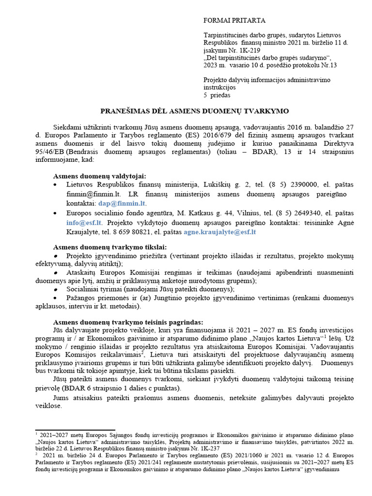 Pranesimas Del Asmens Duomenu Tvarkymo Priedas Nr 5 Pdf