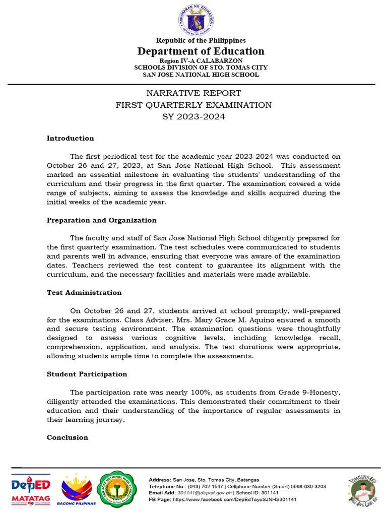 Narrative Report First Quarter Exam Mam Mary Grace Aquino | PDF ...