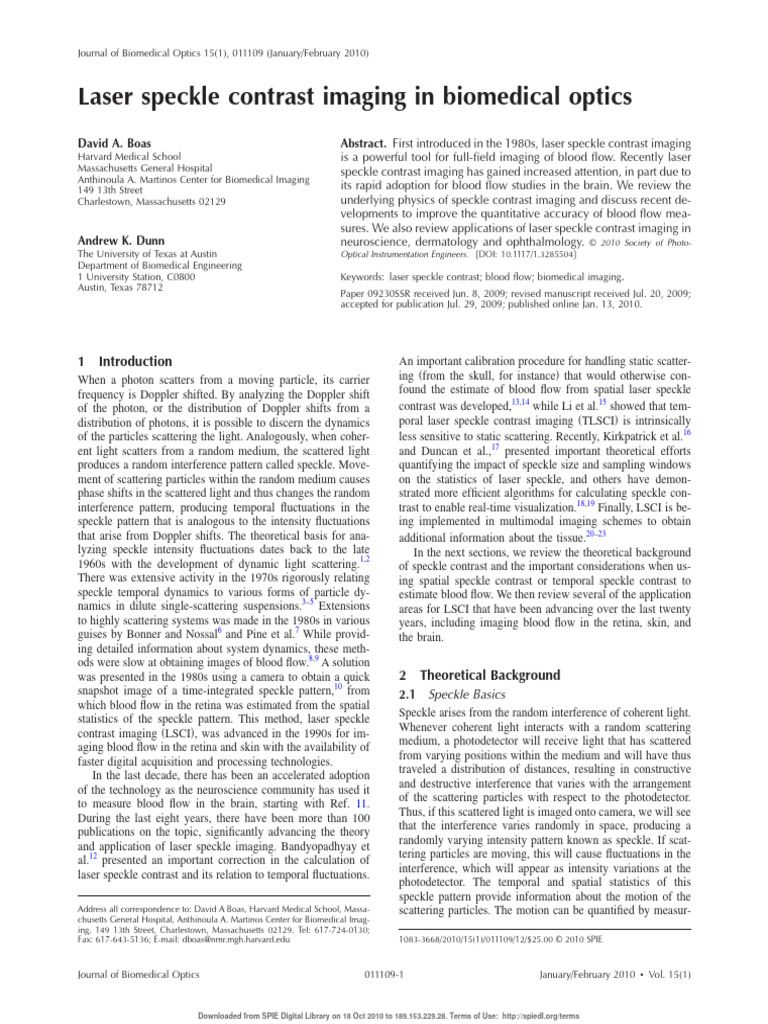 Laser speckle contrast imaging in biomedical optics | PDF | Coherence ...