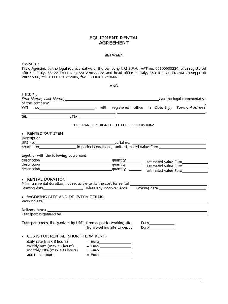 Equipment Rental Agreement Italy | PDF | Renting | Contractual Term