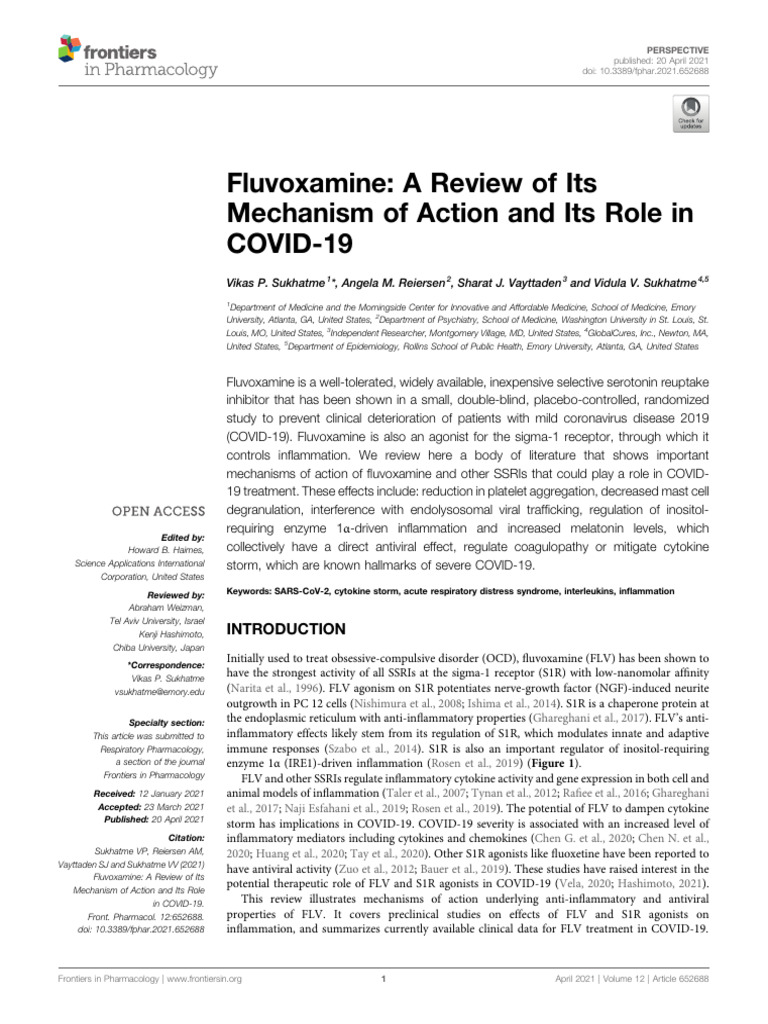 Fluvoxamine A Review of Its Mechanism of Action and Its Role in Covid19 ...