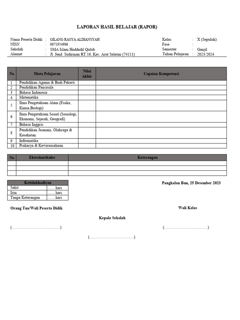 Contoh Raport Kurikulum Merdeka SMA | PDF