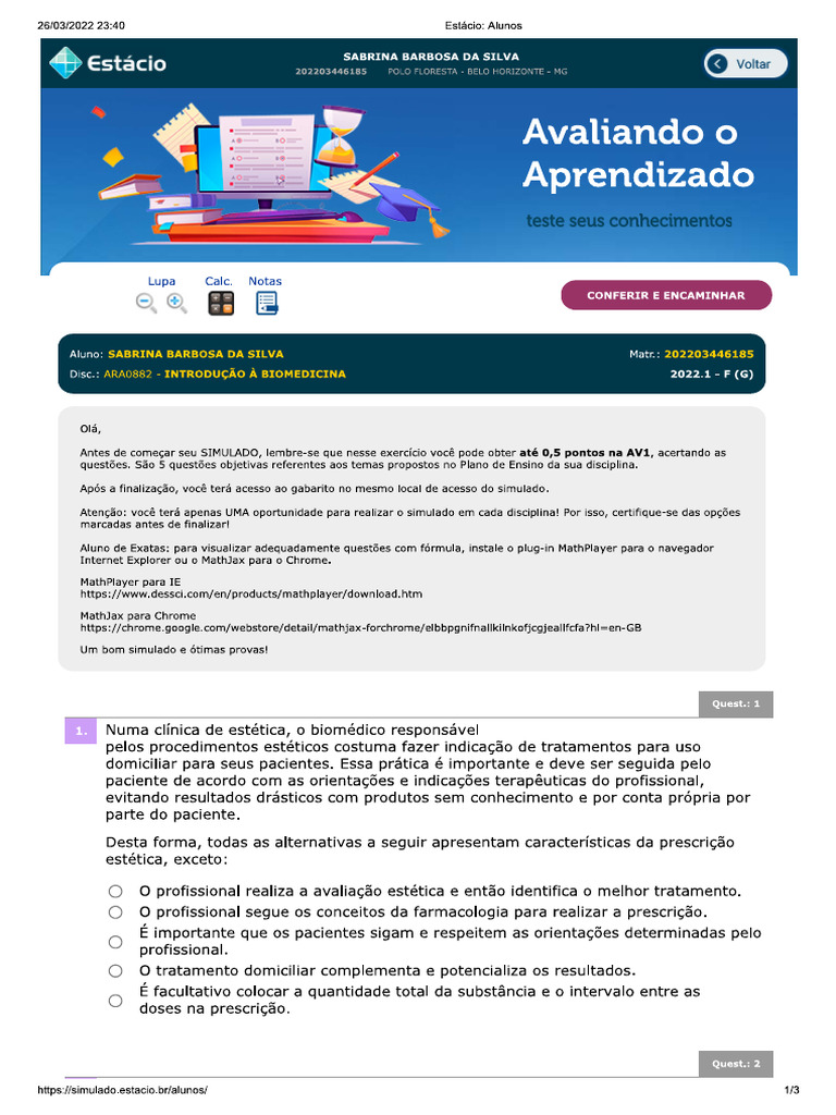 Avaliando o Aprendizado Introdução A Biomedicina | PDF