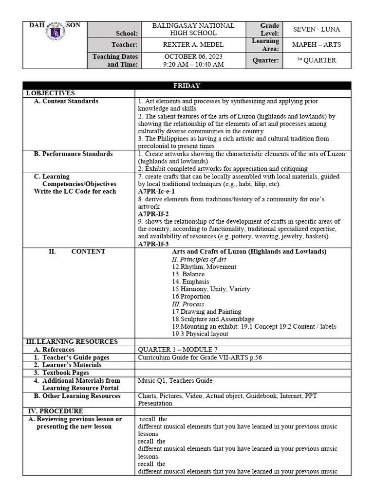 MAPEH Arts Lesson Plan for Grade 7 | PDF | Learning | Cognition