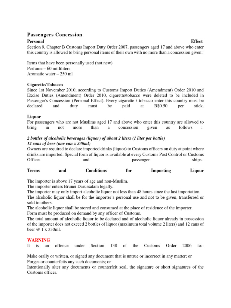 Brunei Alcohol Import Allowances | PDF | Alcoholic Beverages | Customs
