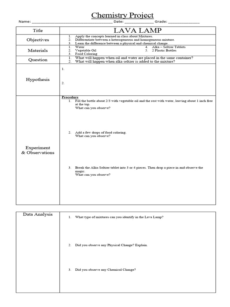 Lava Lamp Experiment Worksheet | PDF
