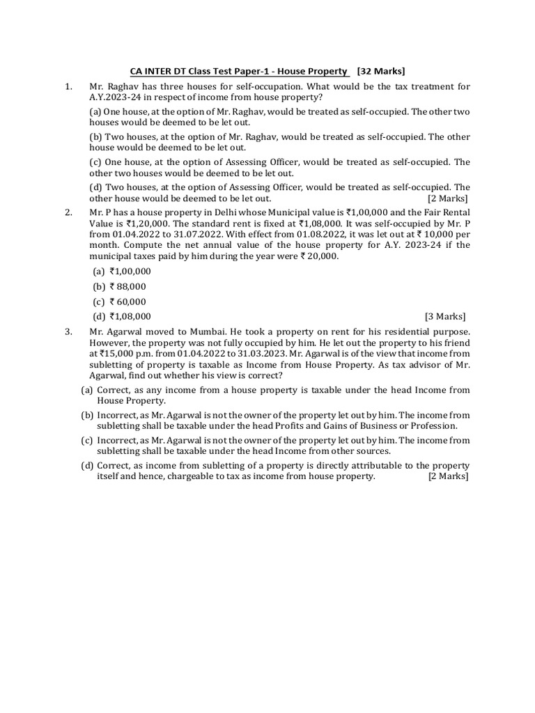 TEST PAPER-1 House Property | PDF | Taxes | Income