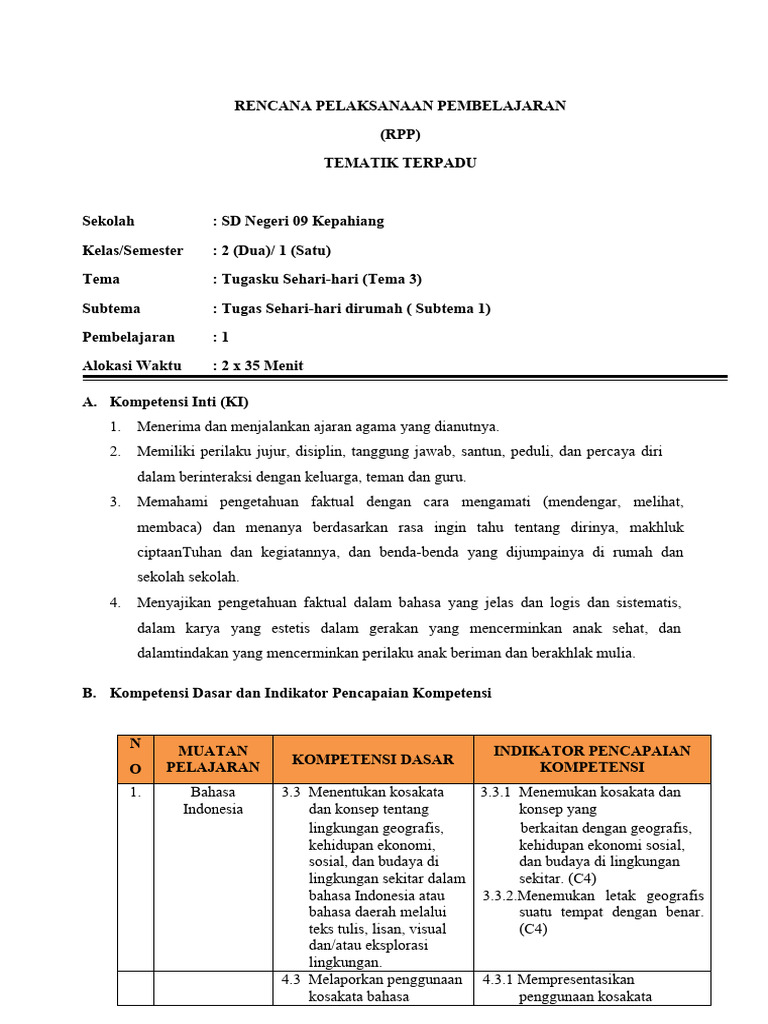 RPP Tematik Kelas 2: Tugasku Sehari-hari | PDF | Kajian Bahasa Asing