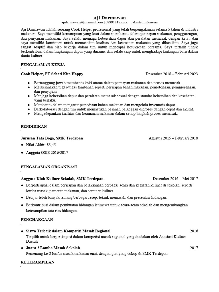 CV Cook Helper Berpengalaman 5 Tahun | PDF | Memasak, Makanan, & Anggur