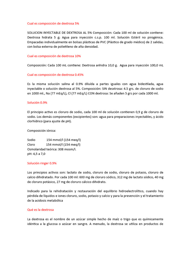 Composición de Dextrosa al 5% | PDF | Solución salina (medicina) | Química