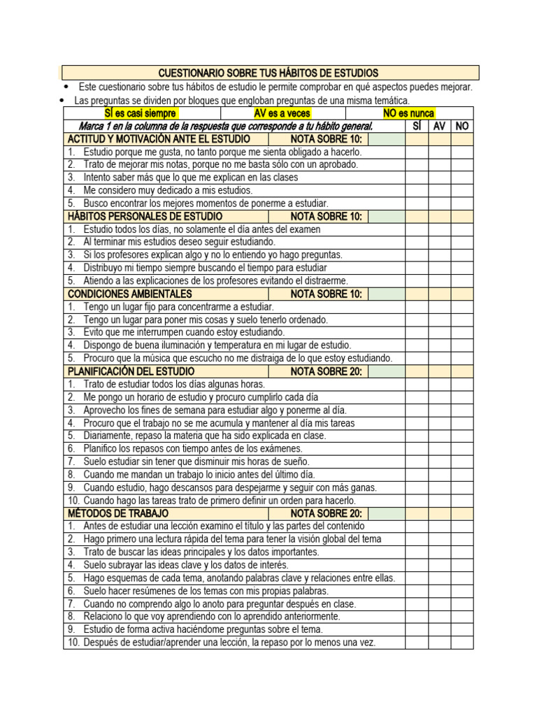 1 Cuestionario Sobre Tus Hábitos de Estudio | PDF | Crecimiento ...