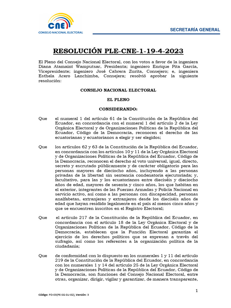 Resolucion ple cne 1 19 4 2023 firmado pdf elecciones ecuador