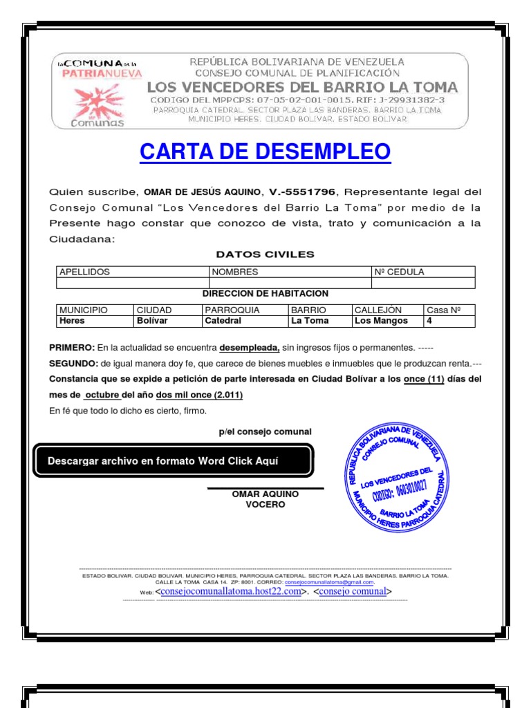 Formato Modelo Ejemplo Carta de desempleo Política Labor