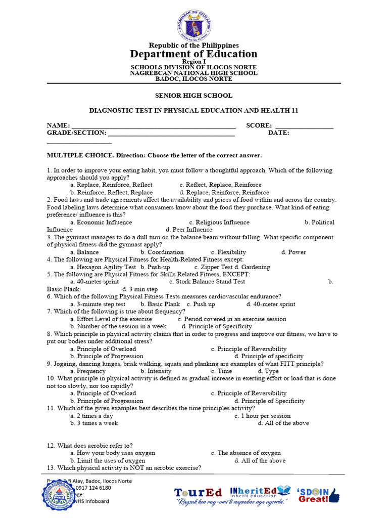 Diagnostic Test Pe11 | PDF | Physical Fitness | Aerobic Exercise