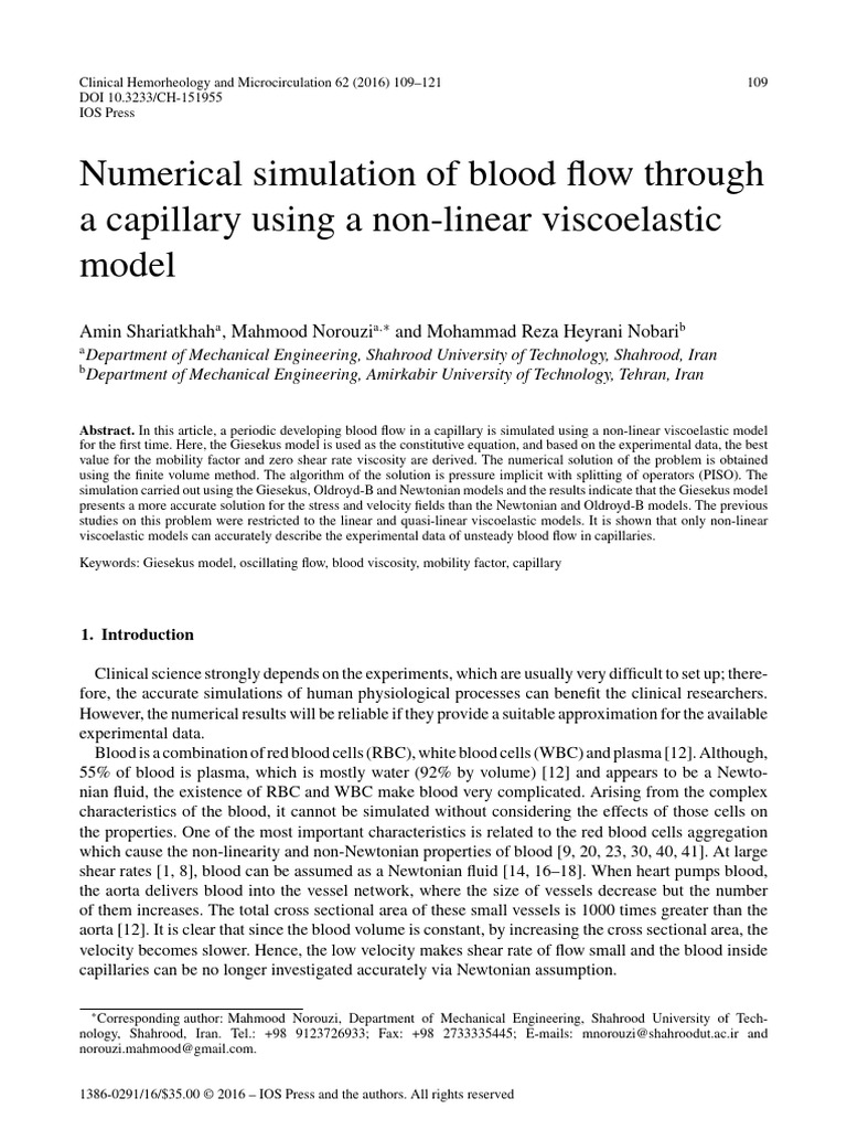 Numerical Simulation of Blood Flow Through A Capillary Using A Non ...