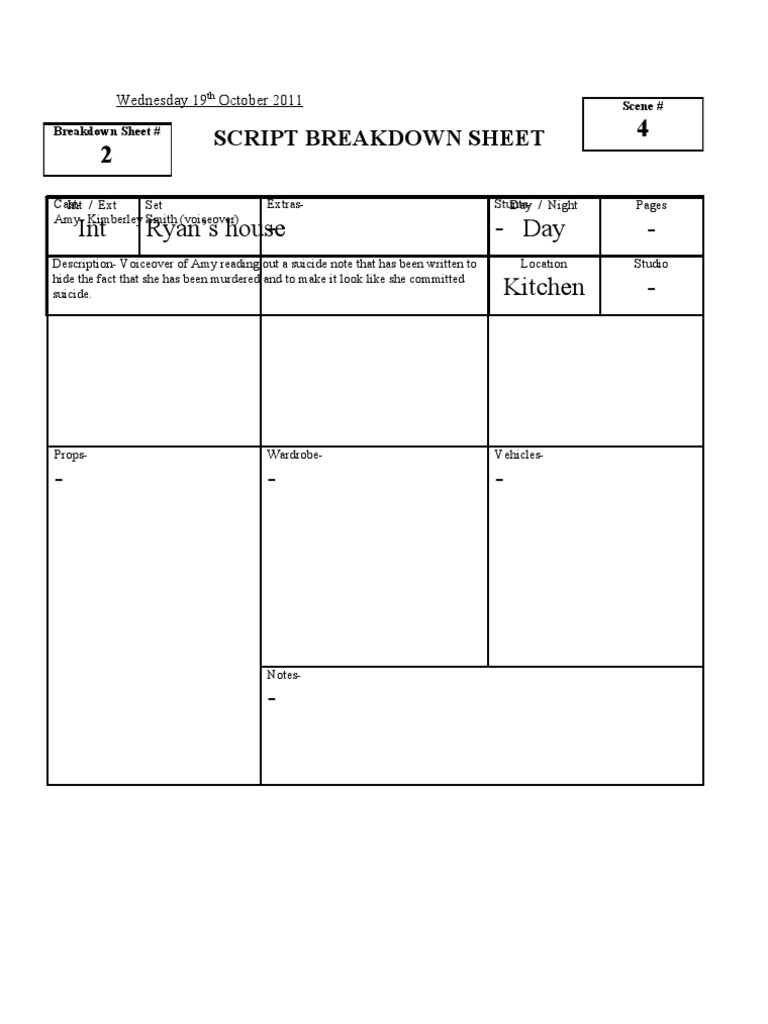 Int Ryan's House Day - Kitchen - : Script Breakdown Sheet | PDF