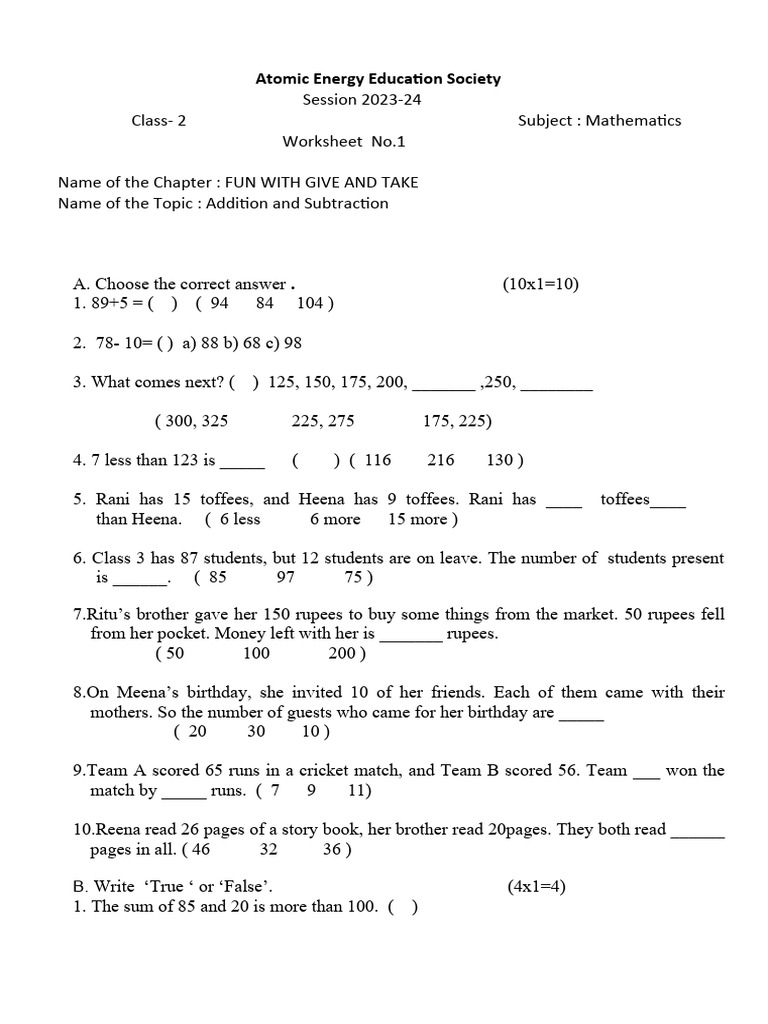 Class 3 Maths: Fun with Give and Take | PDF
