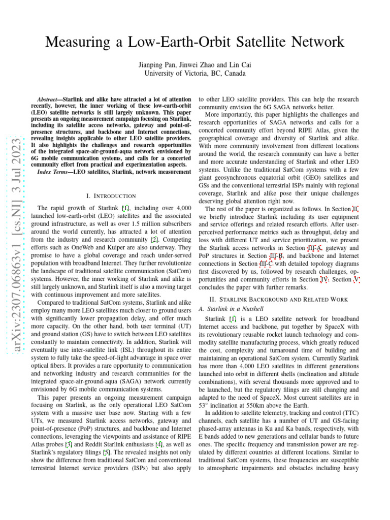 Measuring A Low Earth Orbit Satellite Network Pdf Communications