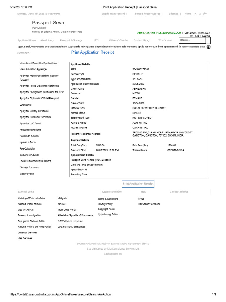 Abhilasha passport address print application receipt passport seva